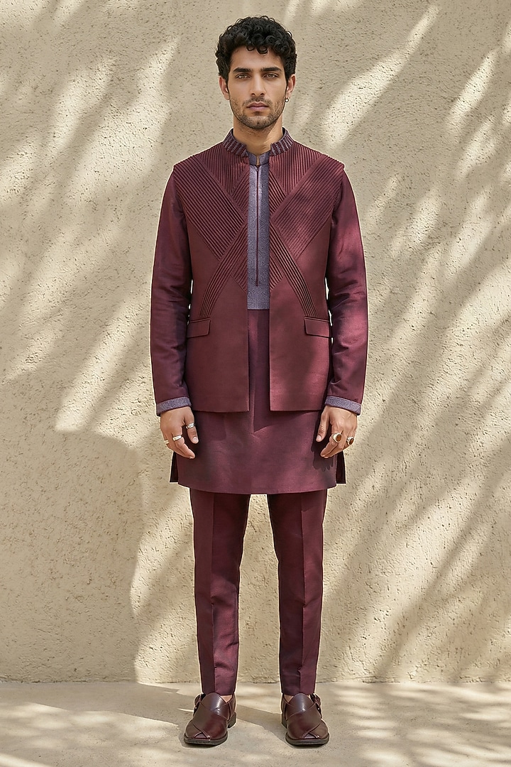 Maroon Wool Pintuck Embroidered Bundi Jacket by Bubber Couture at Pernia's Pop Up Shop