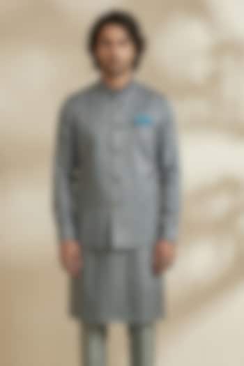 Grey Silk Satin Linen Printed Bundi Jacket by Bubber Couture at Pernia's Pop Up Shop