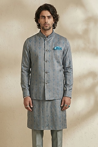 Grey Silk Satin Linen Printed Bundi Jacket by Bubber Couture