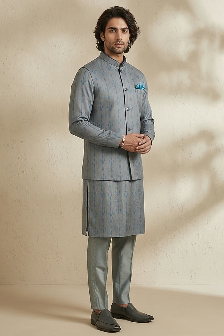 Grey Silk Satin Linen Printed Bundi Jacket by Bubber Couture at Pernia's Pop Up Shop