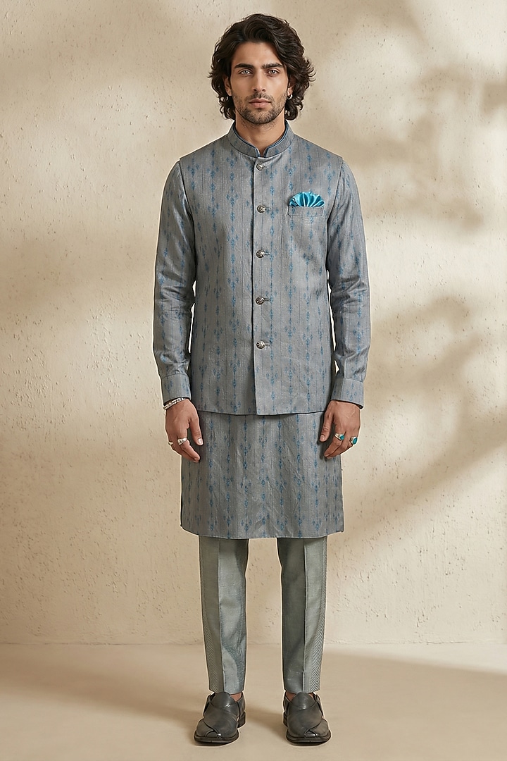 Grey Silk Satin Linen Printed Bundi Jacket by Bubber Couture at Pernia's Pop Up Shop
