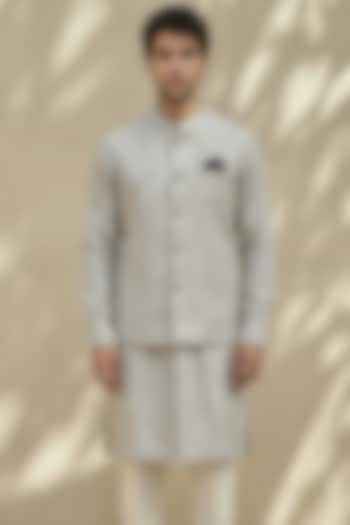 Grey & White Textured Cotton Printed Bundi Jacket by Bubber Couture at Pernia's Pop Up Shop