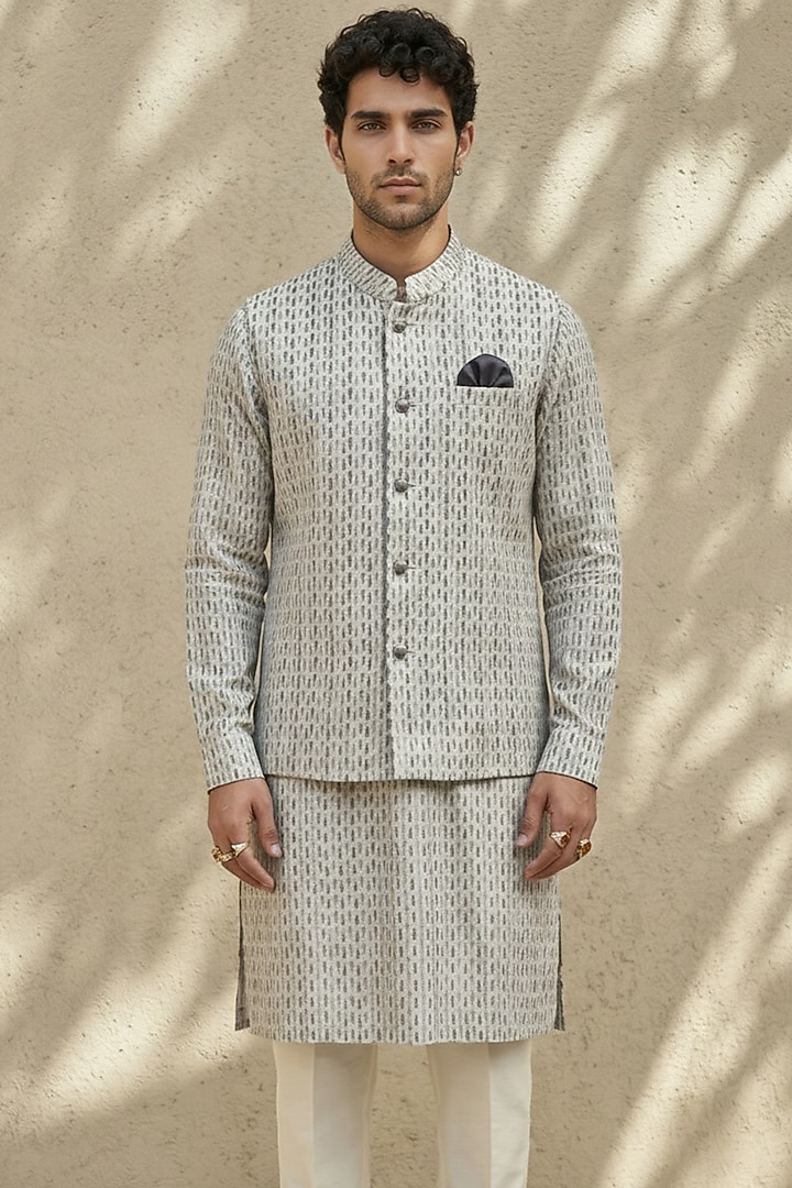 Grey & White Textured Cotton Printed Bundi Jacket by Bubber Couture at Pernia's Pop Up Shop