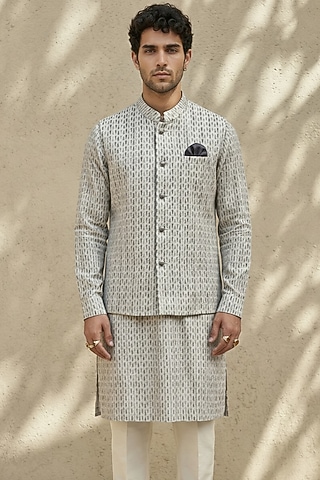 Grey & White Textured Cotton Printed Bundi Jacket by Bubber Couture