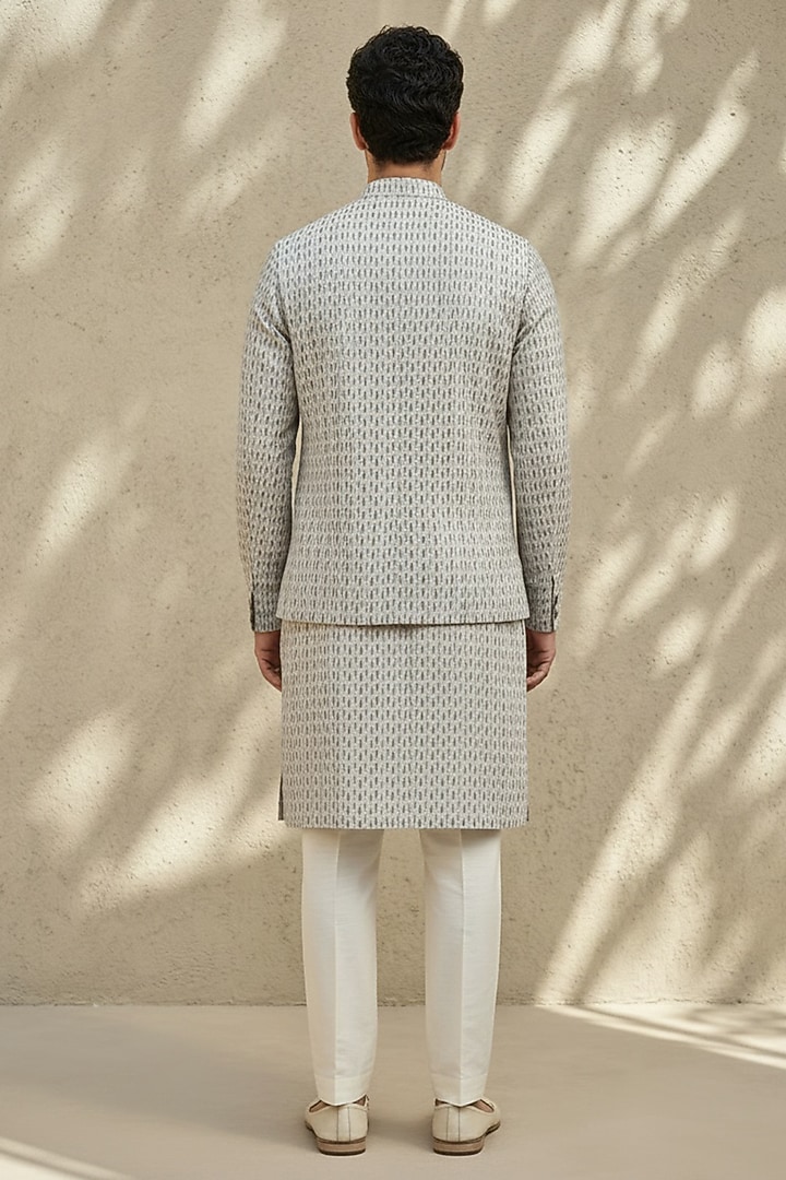 Grey & White Textured Cotton Printed Bundi Jacket by Bubber Couture at Pernia's Pop Up Shop