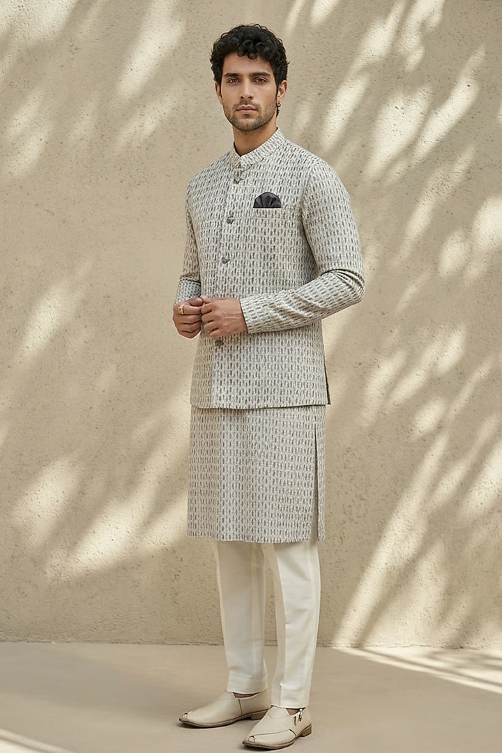 Grey & White Textured Cotton Printed Bundi Jacket by Bubber Couture at Pernia's Pop Up Shop