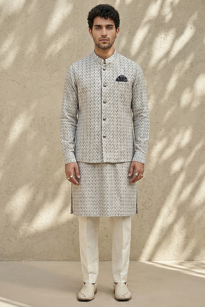 Grey & White Textured Cotton Printed Bundi Jacket by Bubber Couture at Pernia's Pop Up Shop