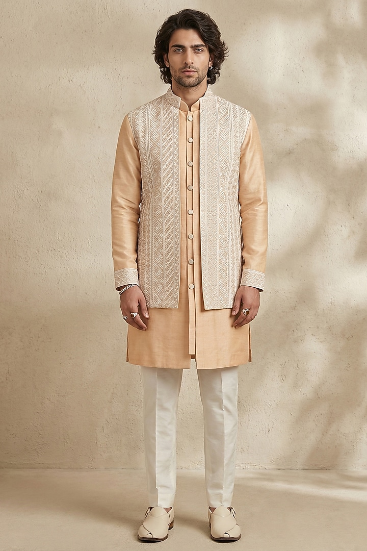 Beige Raw Silk Embroidered Layered Kurta Set by Bubber Couture at Pernia's Pop Up Shop