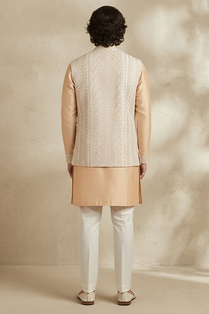 Beige Raw Silk Embroidered Layered Kurta Set by Bubber Couture at Pernia's Pop Up Shop
