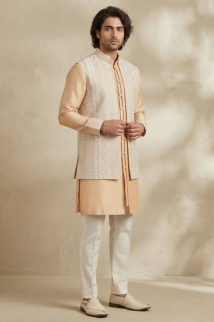 Beige Raw Silk Embroidered Layered Kurta Set by Bubber Couture at Pernia's Pop Up Shop
