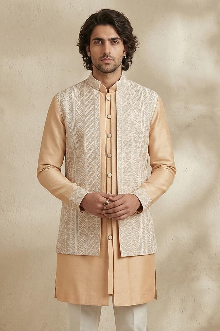 Beige Raw Silk Embroidered Layered Kurta Set by Bubber Couture at Pernia's Pop Up Shop