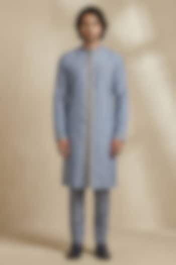 Slate Blue & Grey Cotton Silk Embroidered Kurta Set by Bubber Couture at Pernia's Pop Up Shop