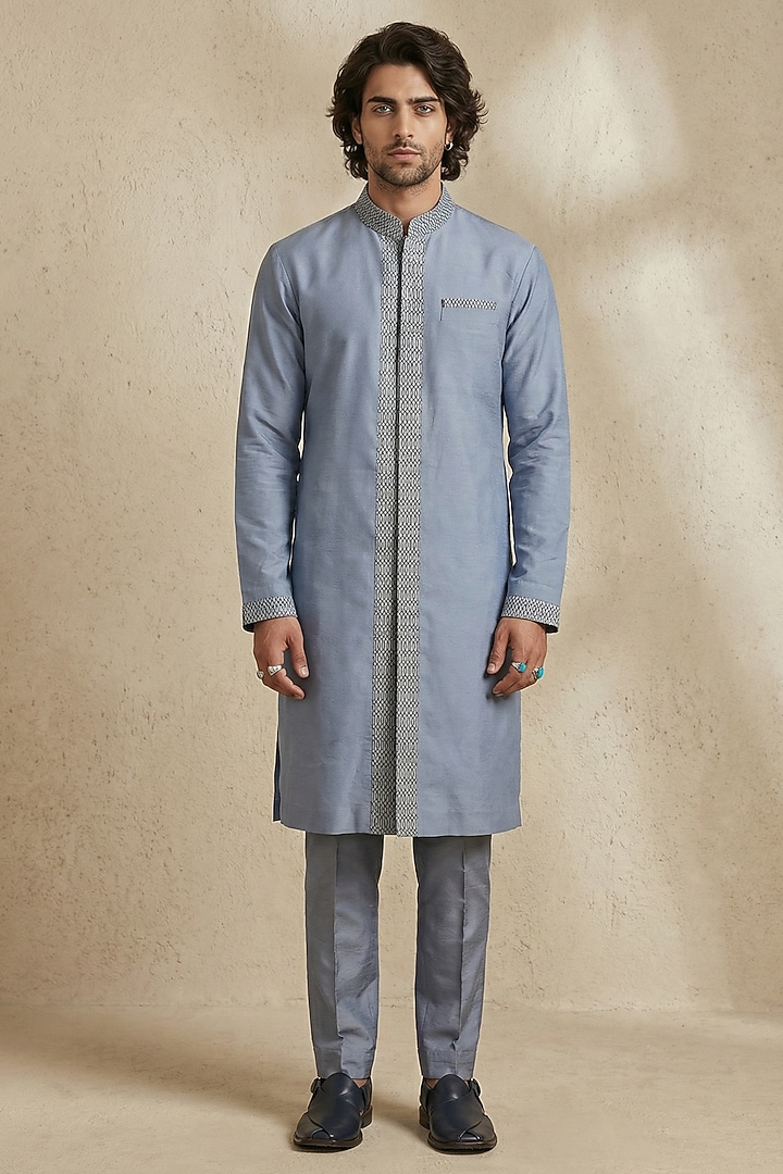 Slate Blue & Grey Cotton Silk Embroidered Kurta Set by Bubber Couture at Pernia's Pop Up Shop