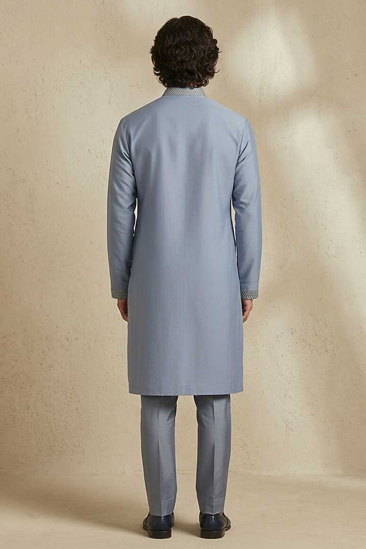Slate Blue & Grey Cotton Silk Embroidered Kurta Set by Bubber Couture at Pernia's Pop Up Shop
