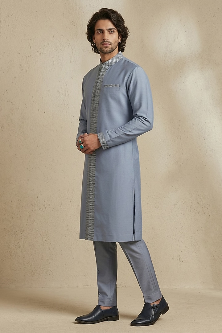 Slate Blue & Grey Cotton Silk Embroidered Kurta Set by Bubber Couture at Pernia's Pop Up Shop