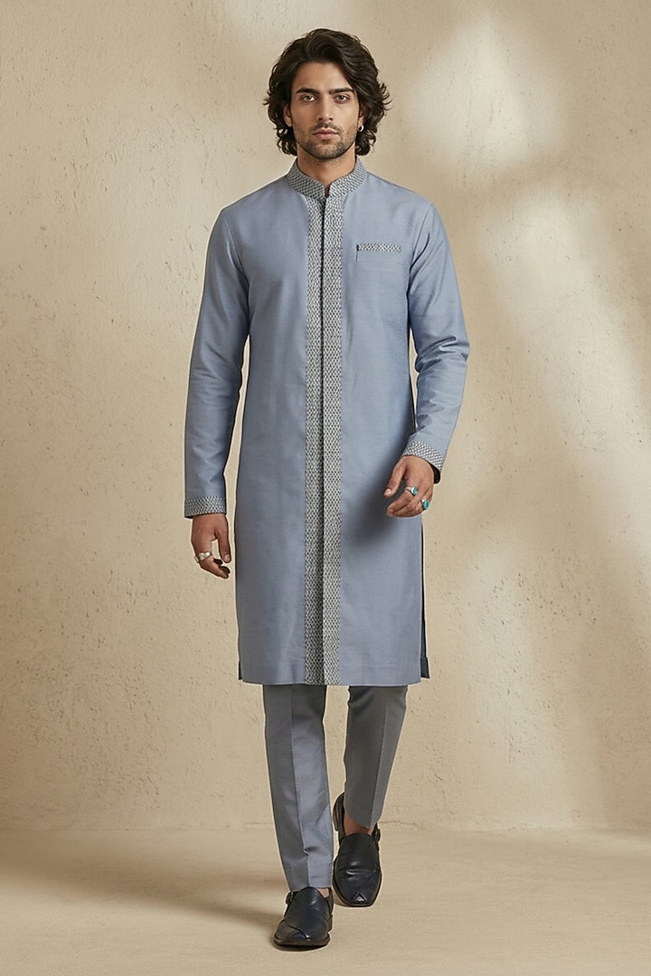 Slate Blue & Grey Cotton Silk Embroidered Kurta Set by Bubber Couture at Pernia's Pop Up Shop