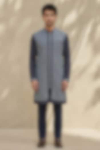 Navy Blue Cotton Silk Embroidered Kurta Set by Bubber Couture at Pernia's Pop Up Shop