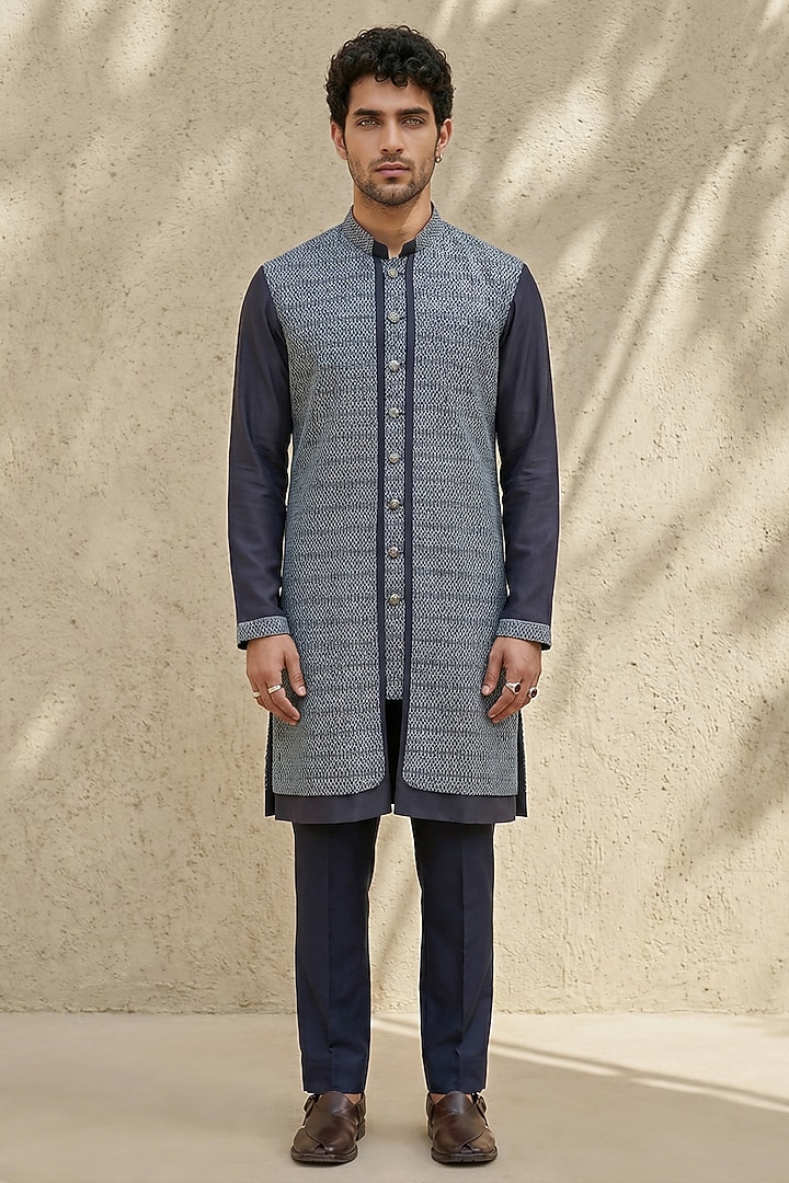 Navy Blue Cotton Silk Embroidered Kurta Set by Bubber Couture at Pernia's Pop Up Shop