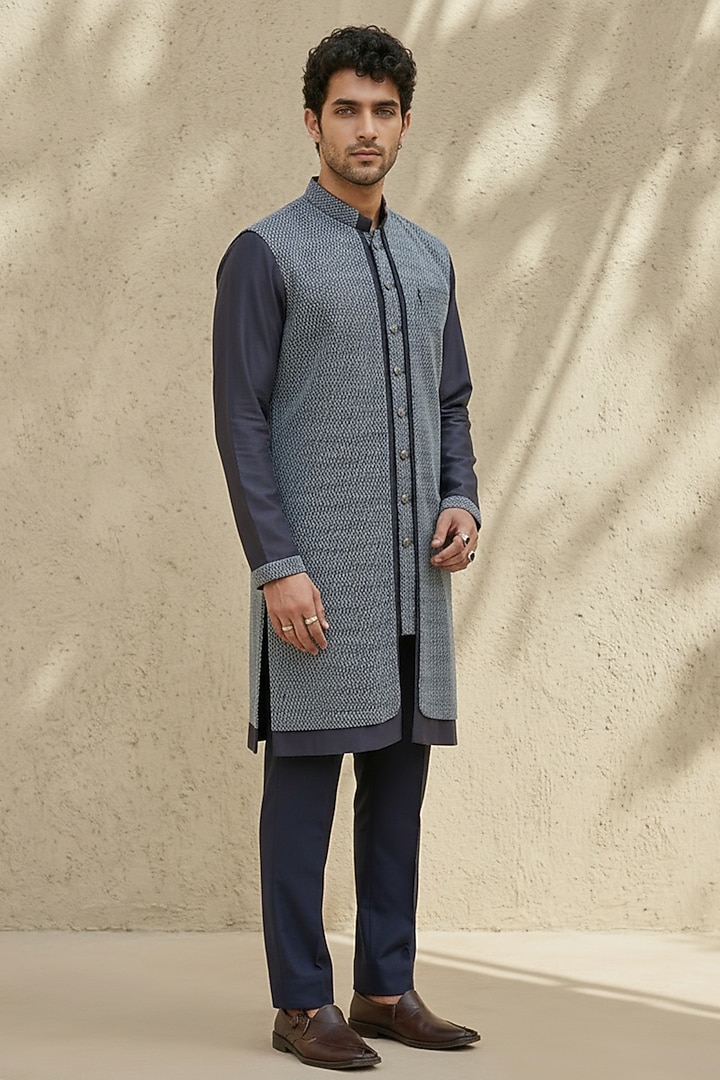 Navy Blue Cotton Silk Embroidered Kurta Set by Bubber Couture at Pernia's Pop Up Shop