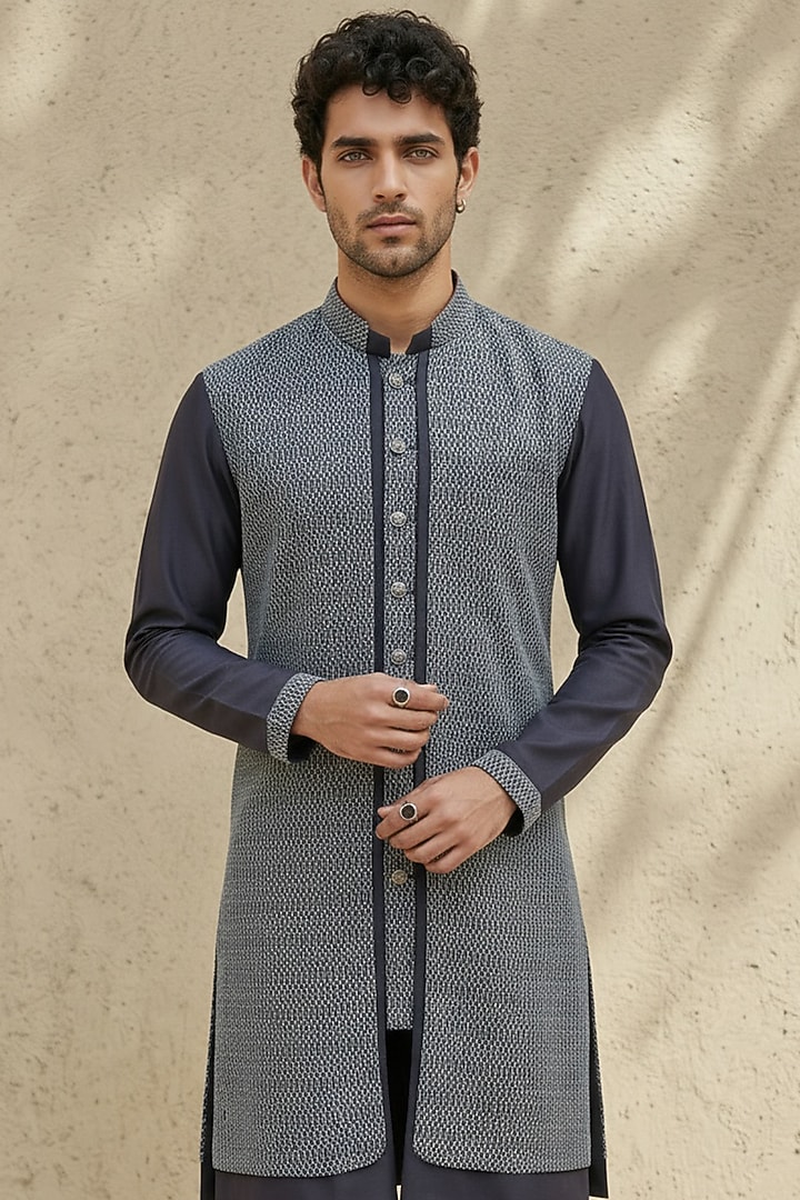 Navy Blue Cotton Silk Embroidered Kurta Set by Bubber Couture at Pernia's Pop Up Shop