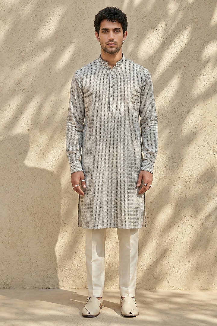 Grey & White Textured Cotton Printed Kurta Set by Bubber Couture at Pernia's Pop Up Shop