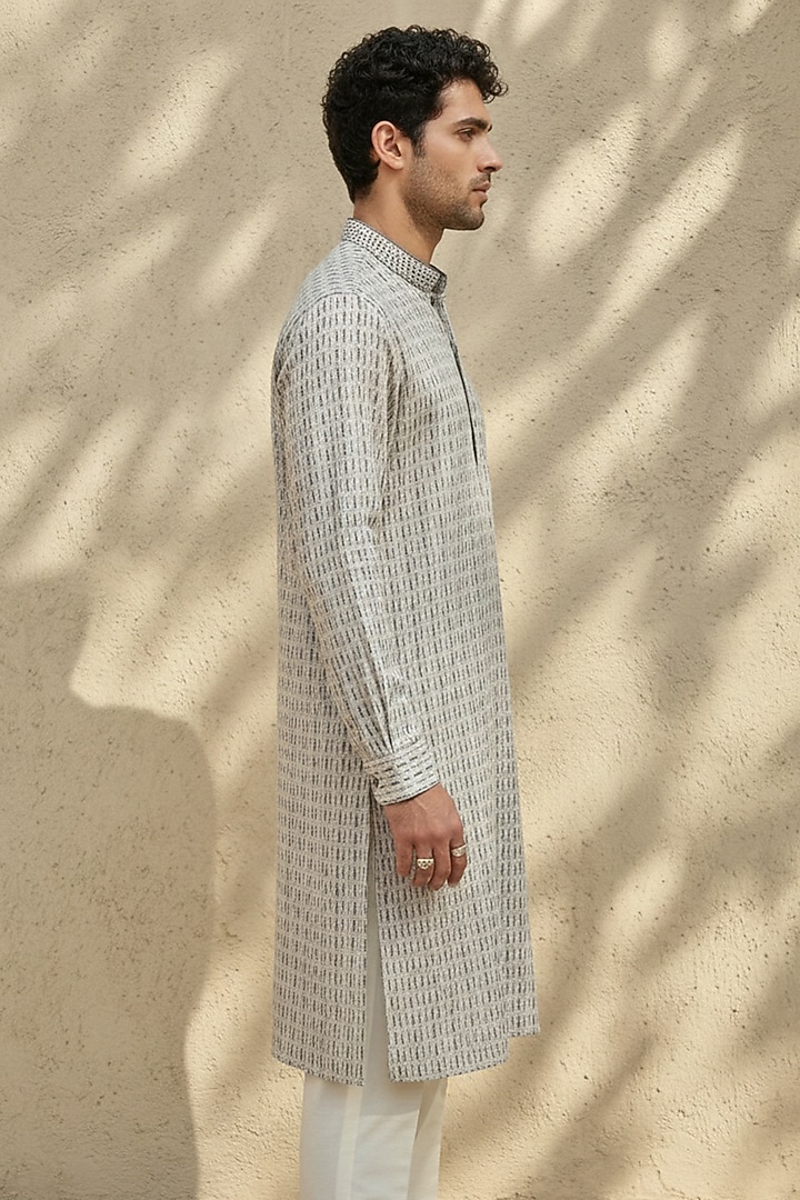 Grey & White Textured Cotton Printed Kurta Set by Bubber Couture at Pernia's Pop Up Shop