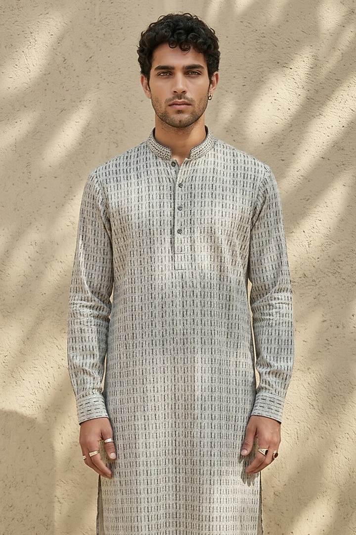 Grey & White Textured Cotton Printed Kurta Set by Bubber Couture at Pernia's Pop Up Shop
