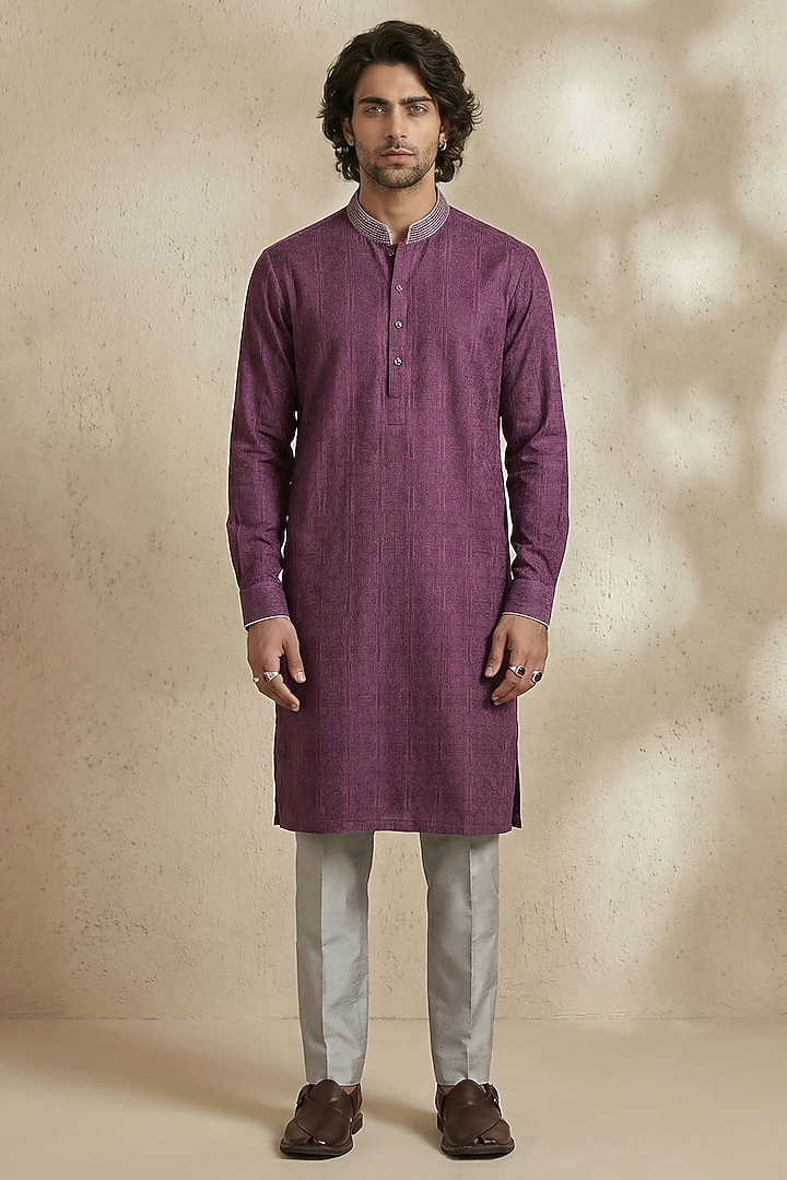 Wine Textured Cotton Printed Kurta Set by Bubber Couture at Pernia's Pop Up Shop