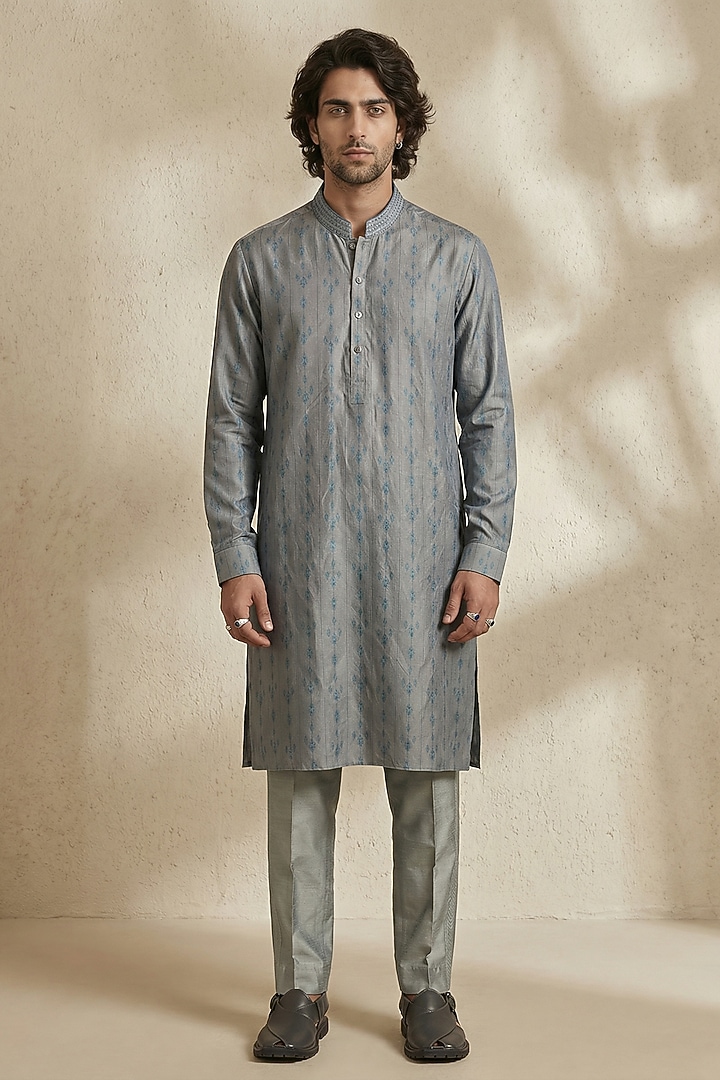 Grey Silk Satin Linen Printed Kurta Set by Bubber Couture at Pernia's Pop Up Shop