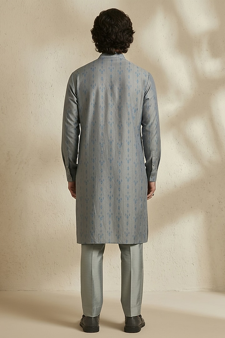Grey Silk Satin Linen Printed Kurta Set by Bubber Couture at Pernia's Pop Up Shop