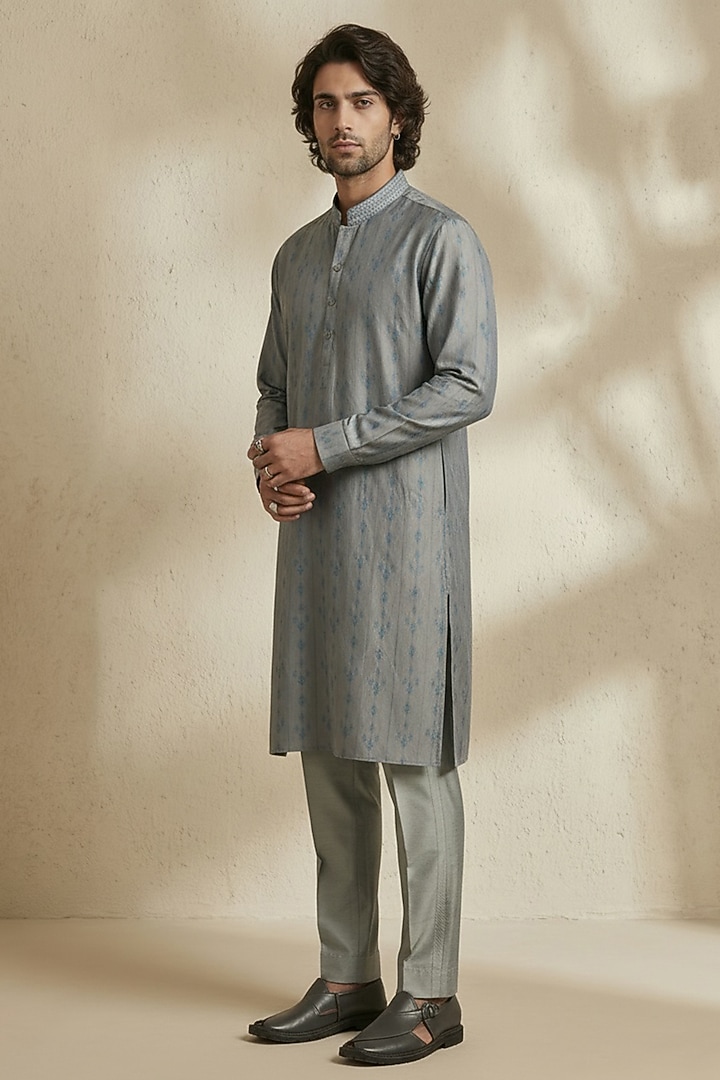 Grey Silk Satin Linen Printed Kurta Set by Bubber Couture at Pernia's Pop Up Shop