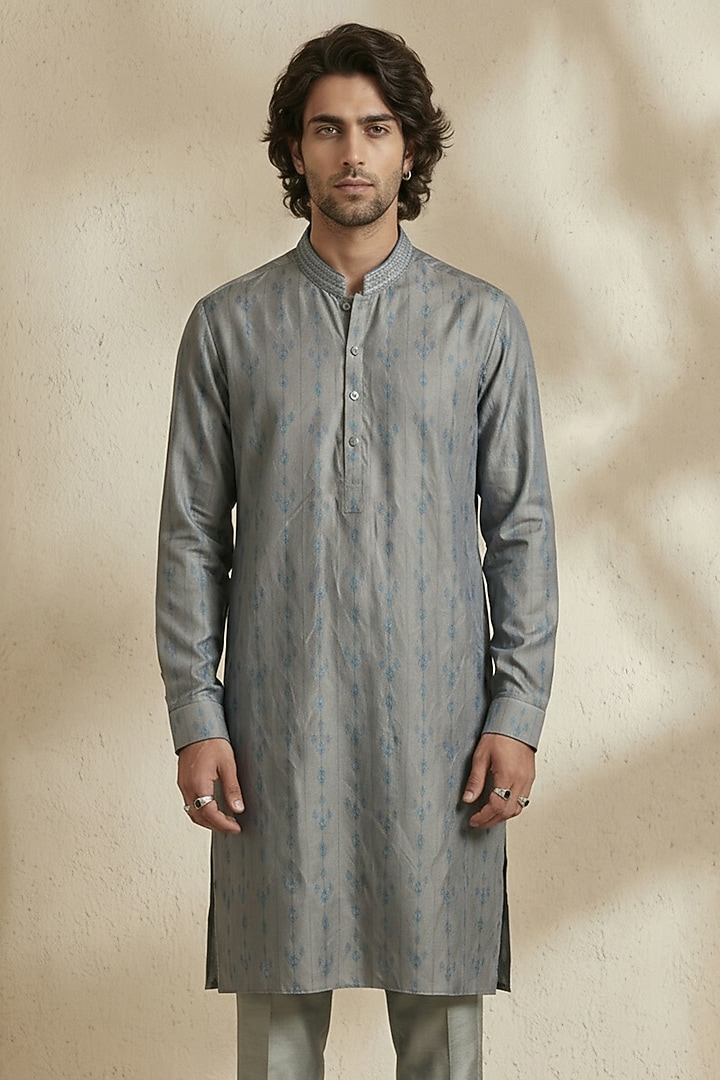 Grey Silk Satin Linen Printed Kurta Set by Bubber Couture at Pernia's Pop Up Shop