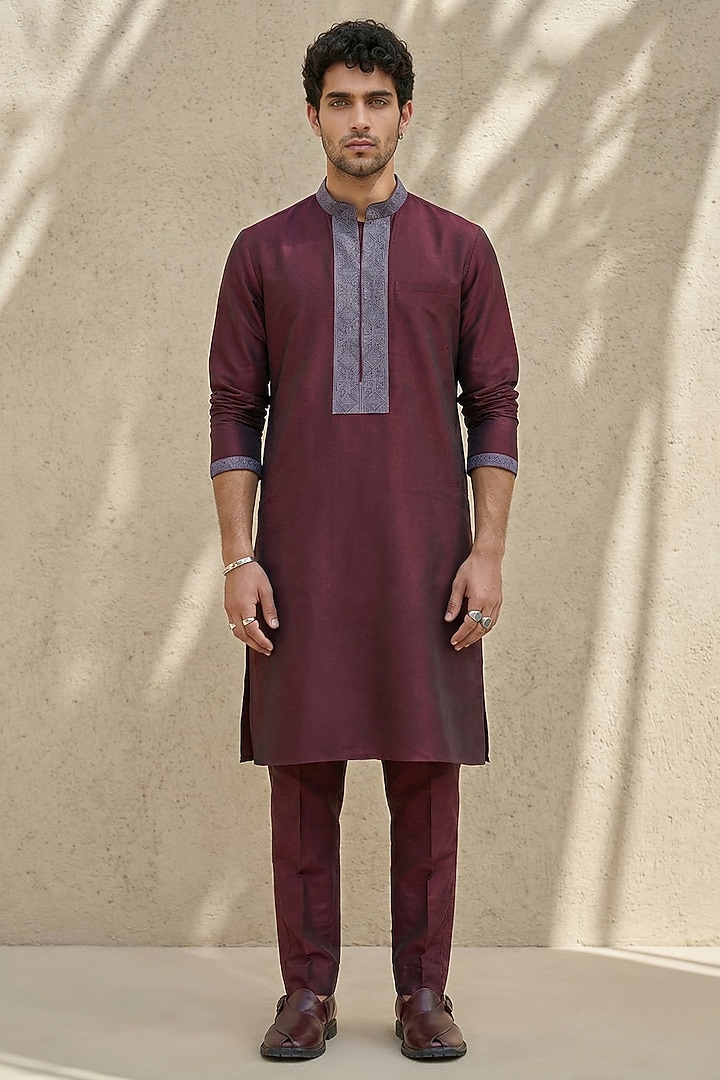 Wine Cotton Silk Embroidered Kurta Set by Bubber Couture at Pernia's Pop Up Shop