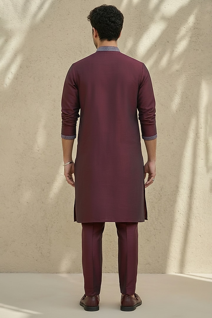 Wine Cotton Silk Embroidered Kurta Set by Bubber Couture at Pernia's Pop Up Shop