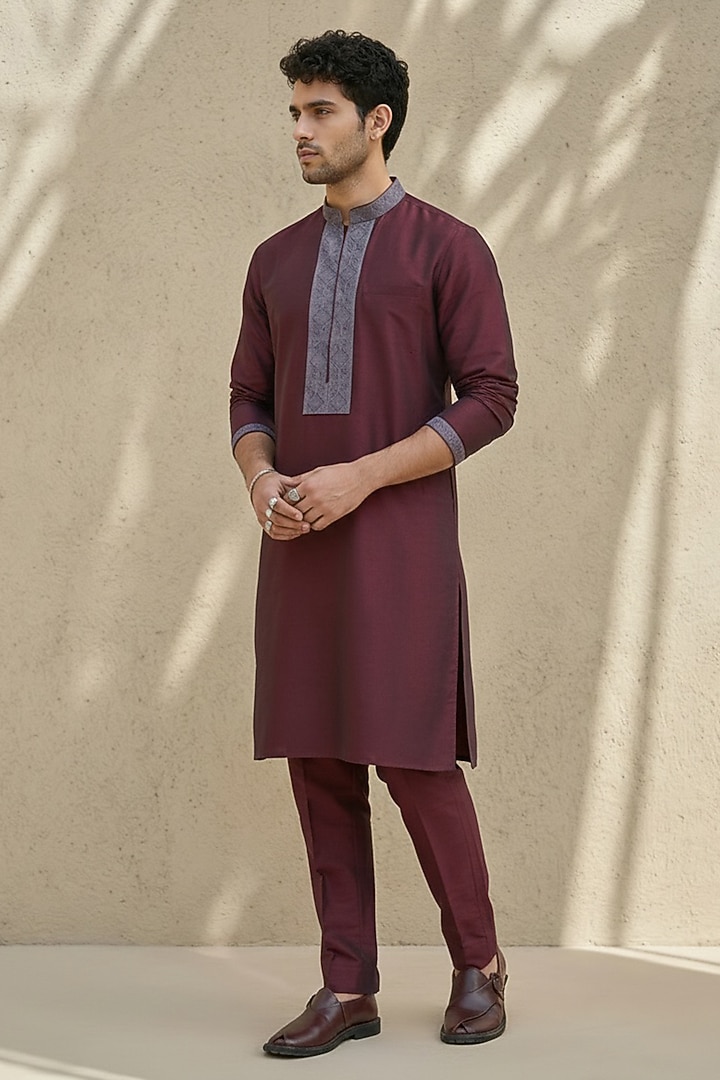 Wine Cotton Silk Embroidered Kurta Set by Bubber Couture at Pernia's Pop Up Shop