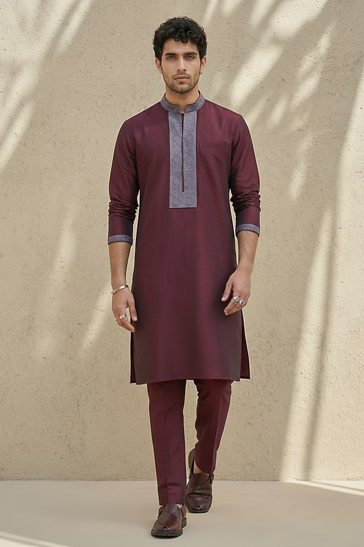 Wine Cotton Silk Embroidered Kurta Set by Bubber Couture at Pernia's Pop Up Shop