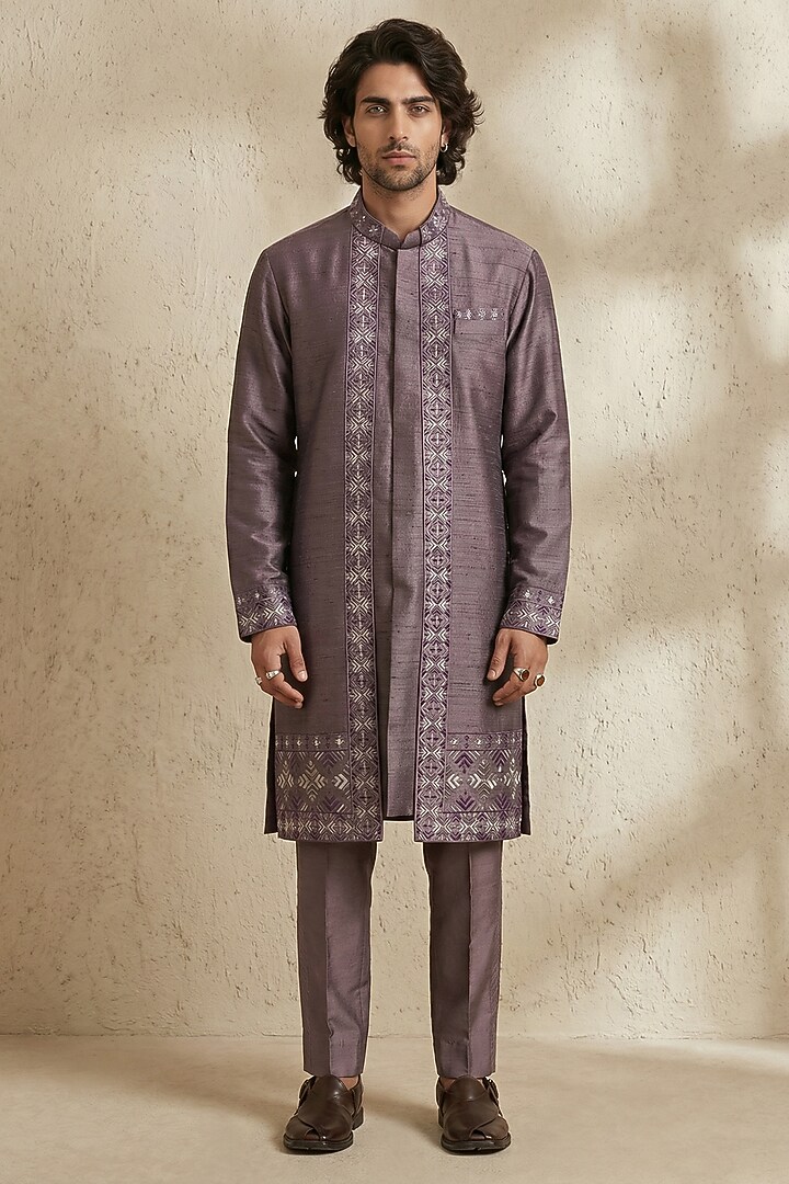 Mauve Raw Silk Embroidered Kurta Set by Bubber Couture at Pernia's Pop Up Shop