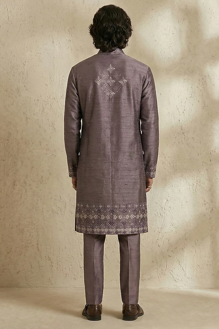 Mauve Raw Silk Embroidered Kurta Set by Bubber Couture at Pernia's Pop Up Shop