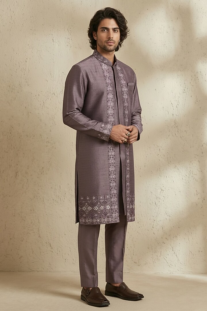 Mauve Raw Silk Embroidered Kurta Set by Bubber Couture at Pernia's Pop Up Shop