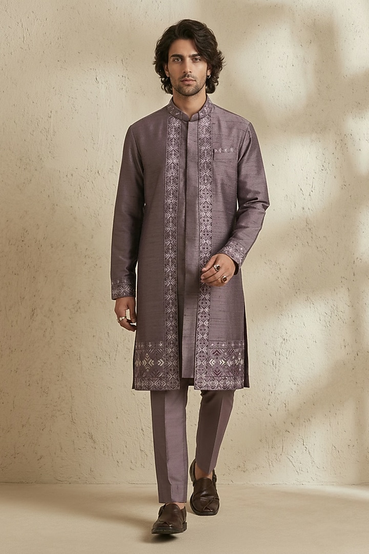 Mauve Raw Silk Embroidered Kurta Set by Bubber Couture at Pernia's Pop Up Shop