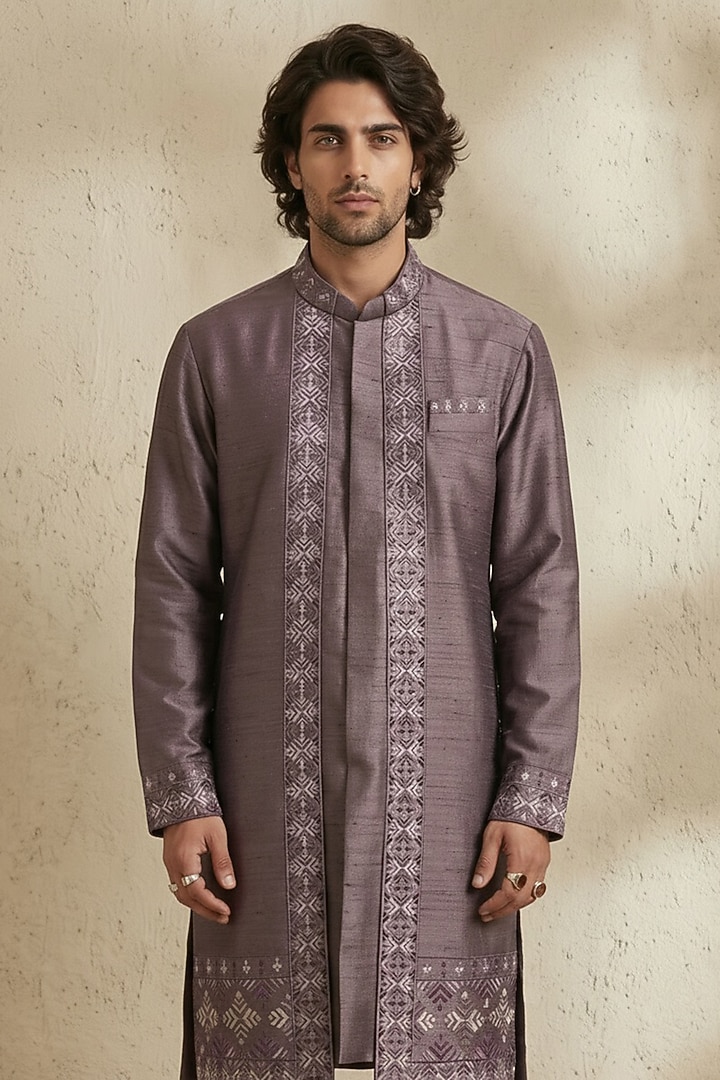 Mauve Raw Silk Embroidered Kurta Set by Bubber Couture at Pernia's Pop Up Shop