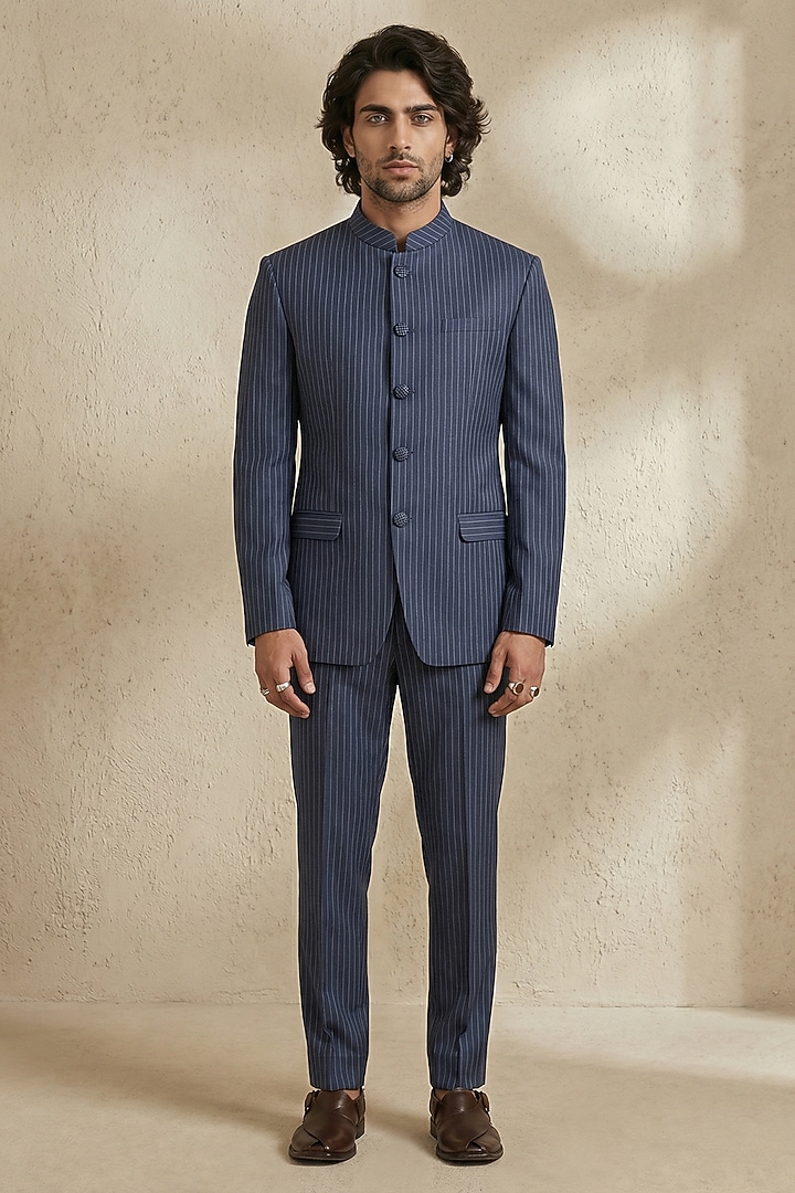 Navy Blue Suiting Groom Bandhgala Set by Bubber Couture at Pernia's Pop Up Shop