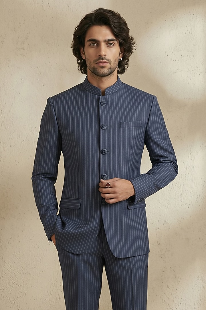 Navy Blue Suiting Groom Bandhgala Set by Bubber Couture at Pernia's Pop Up Shop