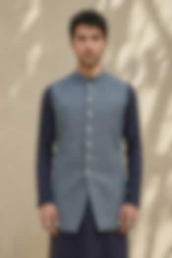 Blue Cotton Silk Sleeveless Jacket by Bubber Couture at Pernia's Pop Up Shop