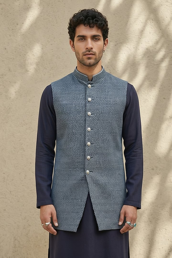 Blue Cotton Silk Sleeveless Jacket by Bubber Couture at Pernia's Pop Up Shop