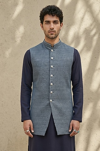 Blue Cotton Silk Sleeveless Jacket by Bubber Couture