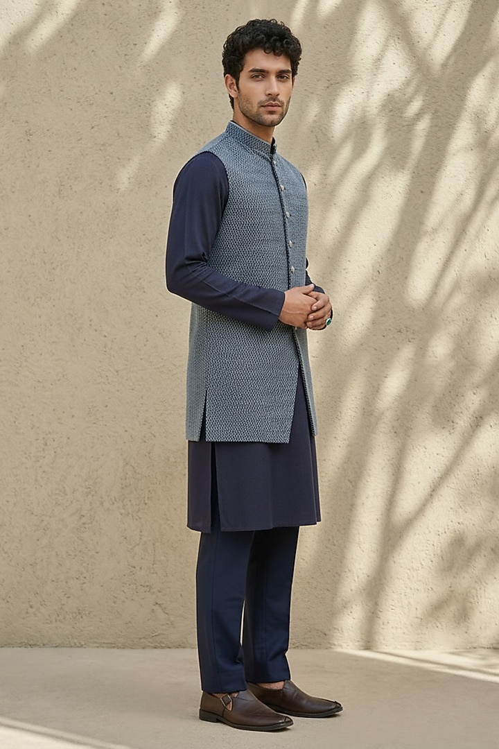Blue Cotton Silk Sleeveless Jacket by Bubber Couture at Pernia's Pop Up Shop