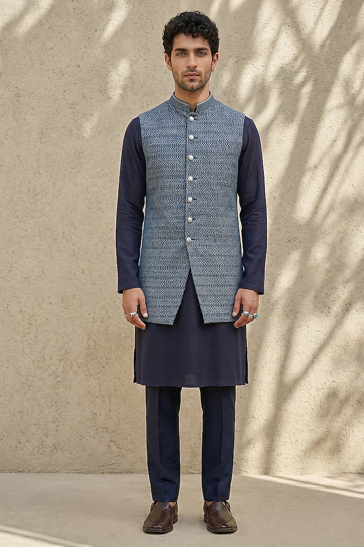 Blue Cotton Silk Sleeveless Jacket by Bubber Couture at Pernia's Pop Up Shop