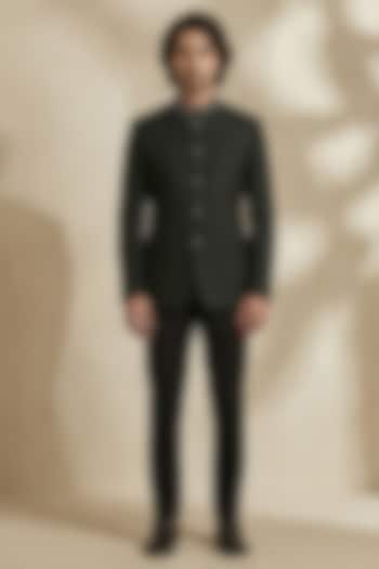 Black Jacquard Wedding Bandhgala Set by Bubber Couture at Pernia's Pop Up Shop