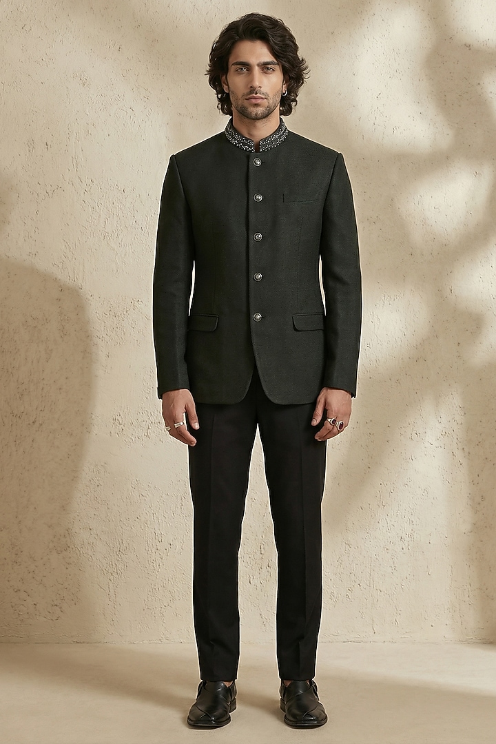 Black Jacquard Wedding Bandhgala Set by Bubber Couture at Pernia's Pop Up Shop